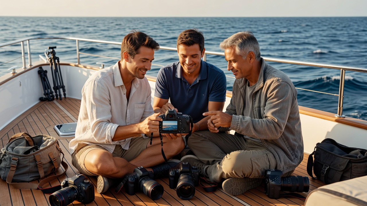 Three photographers sitting on a yacht's deck in natural light, comparing images on a camera screen