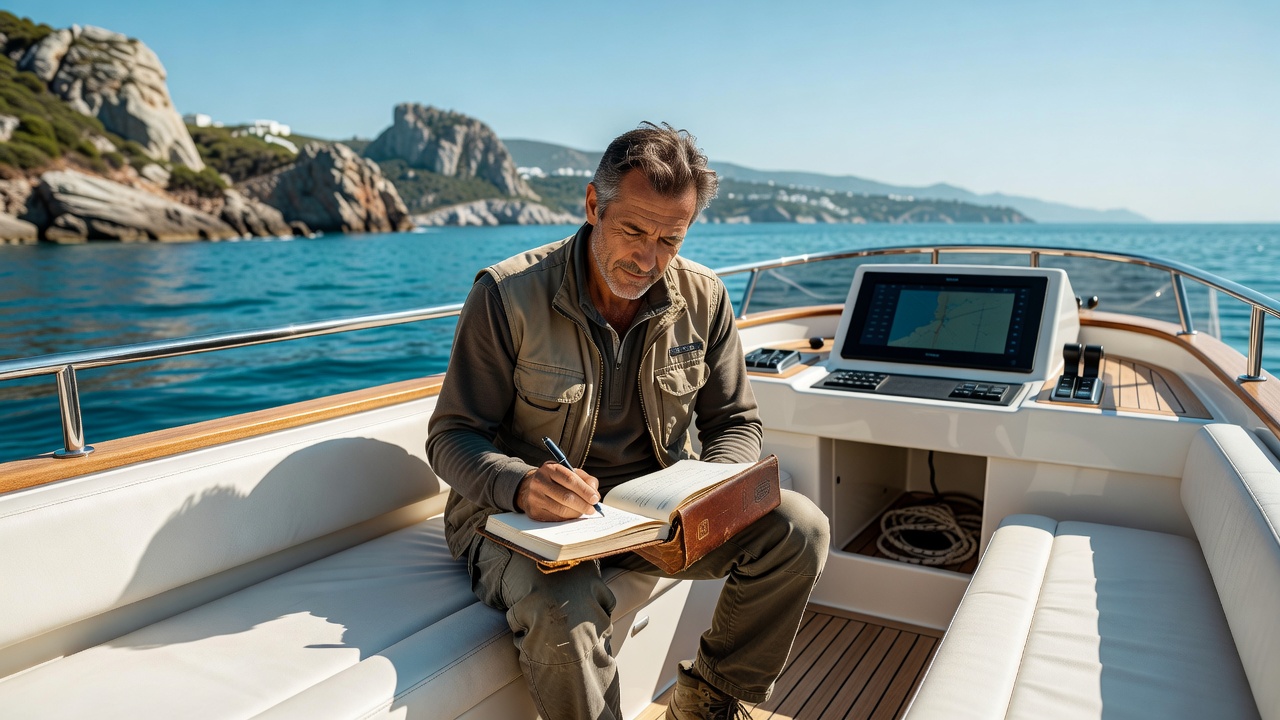 Photographer writing location notes in a notebook in a yacht cockpit with a coastline behind