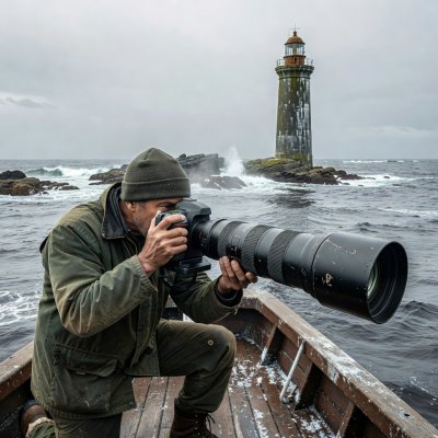 Photographer on deck with a long lens aimed at a distant rock lighthouse