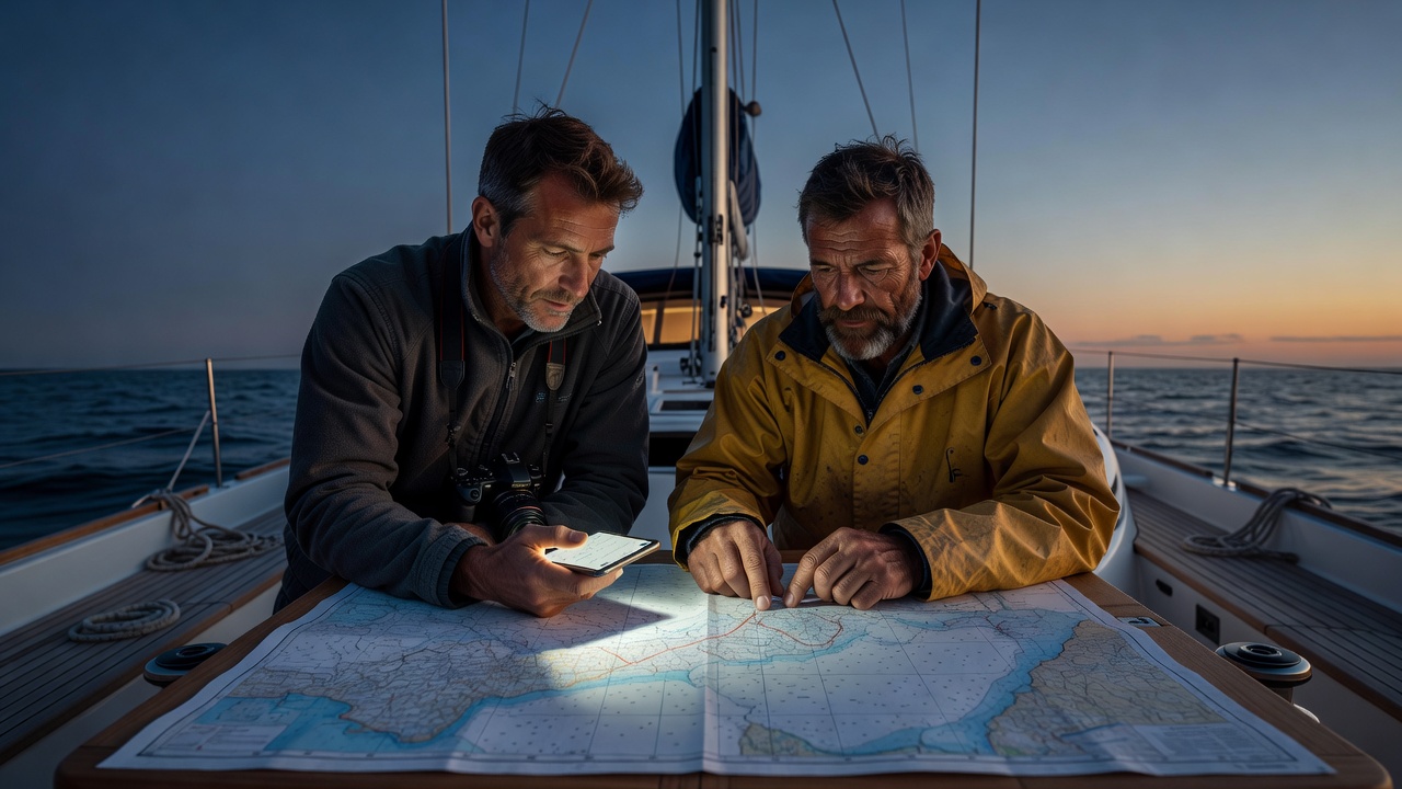 Photographer and skipper planning the next day over a paper chart and a phone light app in a yacht cockpit