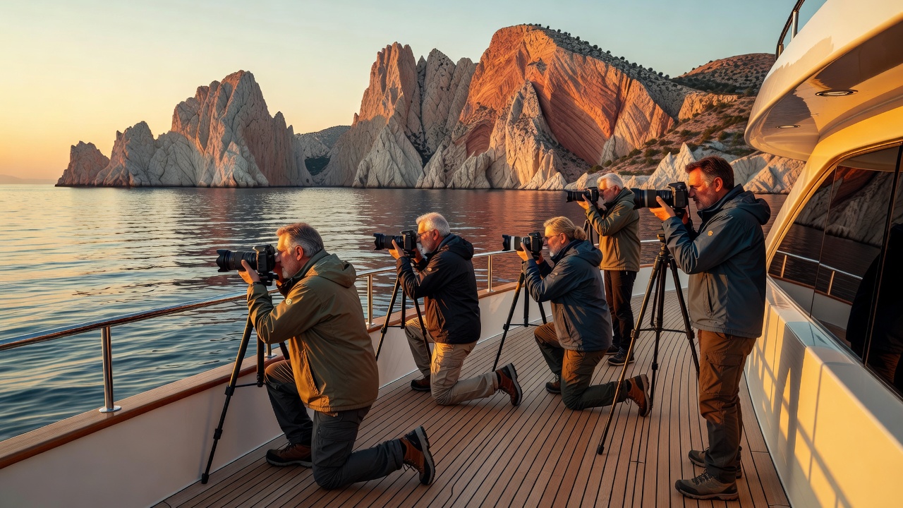 Group of photographers on a yacht's deck at anchor photographing cliffs in evening light