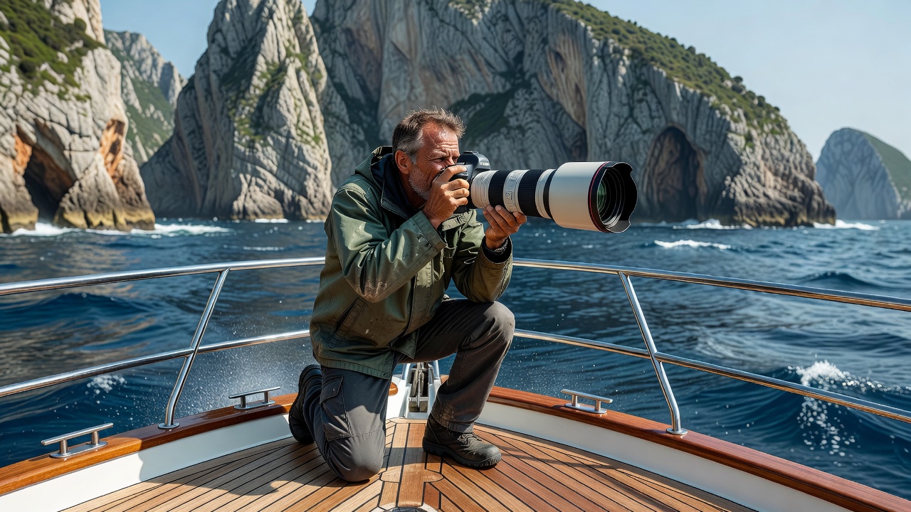 Photographer kneeling at a yacht's bow, braced against the pulpit, shooting cliffs with a telephoto lens