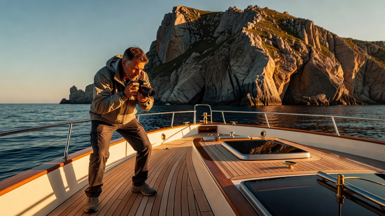 Photographer on a yacht checking the camera screen while golden-hour light falls across a cliff behind