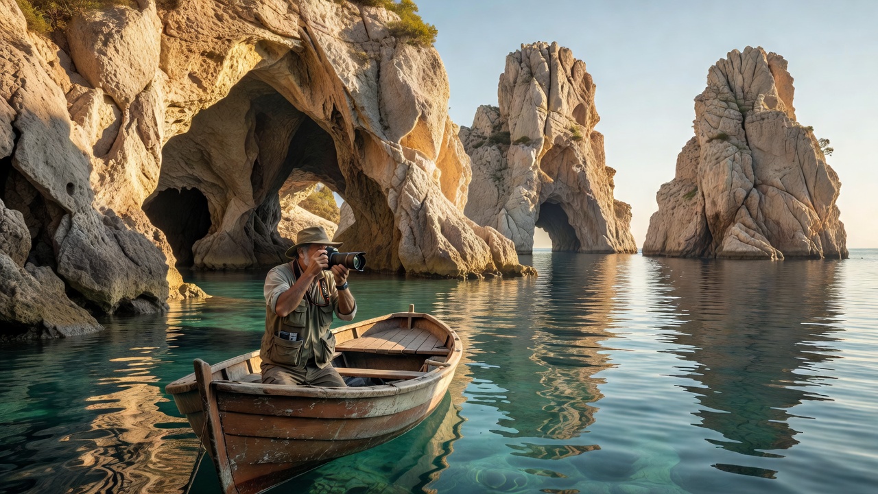 Photographer in a tender photographing sunlit limestone grottoes and stacks from water level
